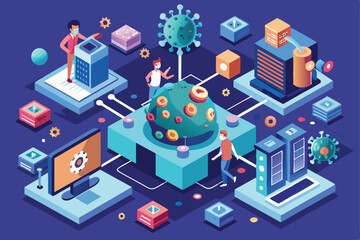 Poster - An engaging isometric view depicting virus transmission dynamics among digital devices and models, Virus transmission Customizable Isometric Illustration