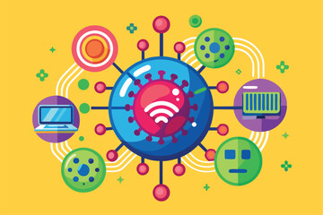 Poster - This illustration depicts customizable virus transmission with digital elements and virus representations interacting, Virus transmission Customizable Semi Flat Illustration