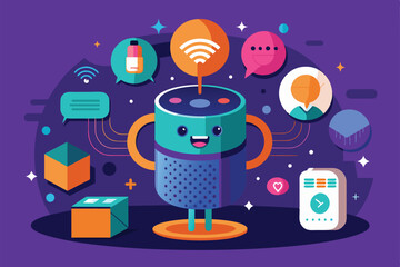 Poster - A cheerful, customizable voice assistant character interacts with colorful tech elements in a playful design, Voice assistant Customizable Disproportionate Illustration
