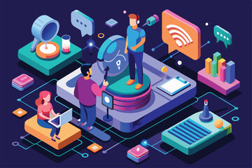 Poster - Users interact in a vibrant digital setting, showcasing customizable voice chat features and tools, Voice chat Customizable Isometric Illustration