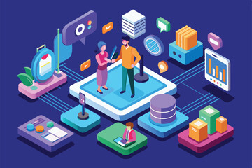 Poster - Two individuals engage in customizable voice chat surrounded by various tech elements and data visualizations, Voice chat Customizable Isometric Illustration