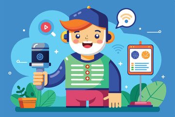 Poster - A cheerful character holds a microphone while interacting with voice control features in a lively backdrop, Voice control Customizable Cartoon Illustration