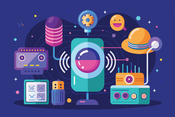 Poster - A colorful illustration features a voice control device surrounded by various interactive components, Voice control Customizable Semi Flat Illustration