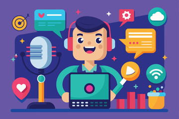 Poster - A cheerful character uses a laptop, microphone, and various digital icons in a vibrant, playful setting, Voice interface Customizable Cartoon Illustration