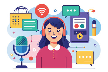 Poster - A smiling person wears headphones, interacting with a customizable voice interface filled with icons and text, Voice interface Customizable Disproportionate Illustration
