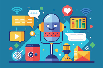 Poster - A friendly microphone stands out among diverse icons, representing a customizable voice interface design, Voice interface Customizable Flat Illustration