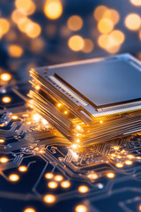 Poster - Circuit board with microchip glowing during nighttime with creative lighting elements