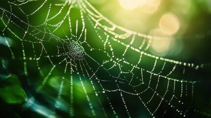 Delicate spider web covered in glistening droplets in nature