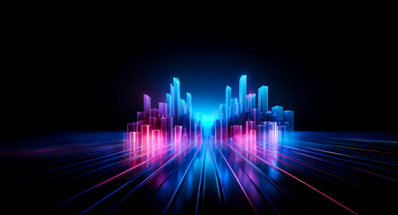 Poster - abstract neon cityscape with pink and blue illumination on a dark backdrop. futuristic digital skyli