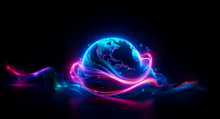 Aufkleber - a luminous globe with swirling neon light trails on a black background creates a vibrant, futuristic