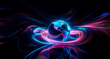 Poster - Neon globe centered, surrounded by abstract pink and blue light swirls against a dark backdrop.