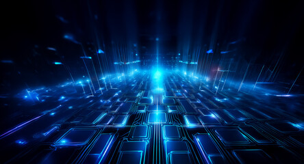 Aufkleber - futuristic grid with glowing blue lights creates a sense of depth and motion. light beams emanate up