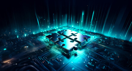 Aufkleber - glowing puzzle pieces link on a circuit board, bright light rays emanate upwards. a digital network 