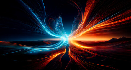Wall Mural - abstract blue and orange light streams collide centrally on a dark background, creating a dynamic, v