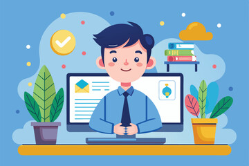 Aufkleber - A young professional stands confidently in an office setting, surrounded by plants and a computer, Webinar Customizable Cartoon Illustration