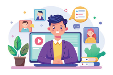 Poster - a cheerful presenter leads a virtual webinar with colorful visuals, showcasing participants and cont