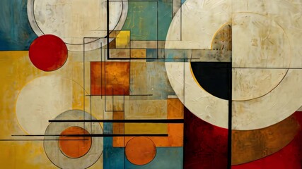 Poster - An abstract composition featuring circles, squares, and rectangles in warm colors creating a modern artistic arrangement, suitable for contemporary interior design