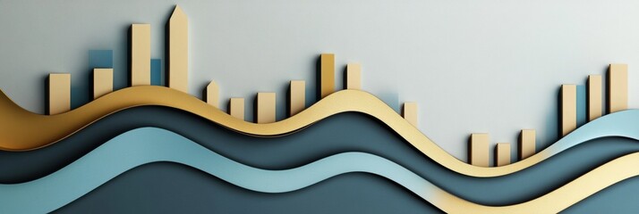 Fototapete - Modern business-inspired design featuring layered paper cut bar charts and ascending arrows in gold and blue color scheme Generative AI