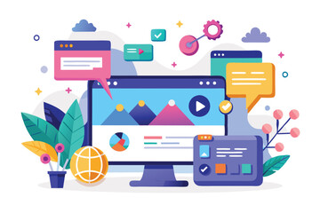 Poster - Decorative graphic elements enhance a digital workspace with vibrant colors and playful shapes, Website decoration, graphic elements,