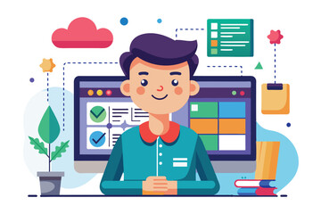 Poster - A web designer personalizes a project in a vibrant workspace filled with digital tools and plants, Website designer Customizable Disproportionate Illustration
