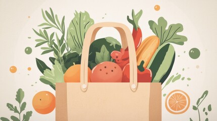 Poster - Fresh organic produce in a paper grocery bag with earthy tones showcasing a healthy lifestyle and eco-friendly choices Generative AI