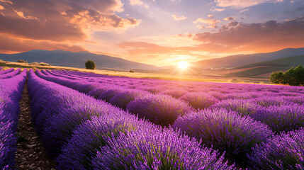 Wall Mural - A tranquil lavender farm at sunset, rolling purple fields, soft golden light 