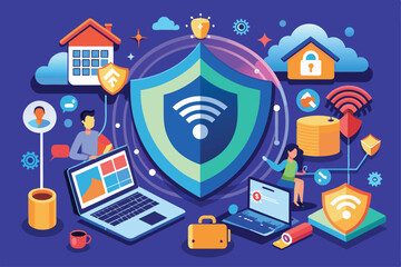 Aufkleber - this illustration depicts various aspects of wi-fi security and connectivity in daily activities, wi