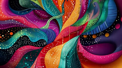 Poster - Vibrant patterns flow in waves of color, creating a dynamic display of rhythmic energy and movement against a dark backdrop, capturing a sense of celebration and creativity
