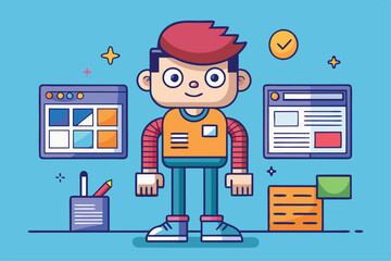 Poster - A colorful cartoon character stands among customizable wireframing elements for design purposes, Wireframing Customizable Cartoon Illustration