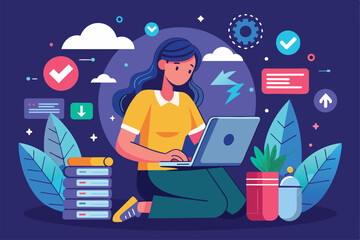 Poster - a woman is focused on backing up big data in her bright workspace surrounded by plants and colorful 