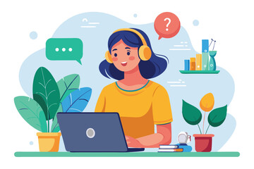 Poster - a woman wearing headphones engages with a laptop, responding to questions while sitting among plants