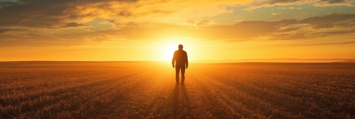 Leinwandbilder - Silhouette of a farmer in a vast field at sunrise with golden light rays illuminating the horizon Generative AI