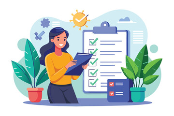Poster - a woman is creating a checklist to ensure control of rules and tasks in a vibrant office environment
