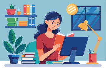Poster - A woman is absorbed in reading a book while sitting at her desk with a computer, surrounded by books, woman reading a book with a computer in the background