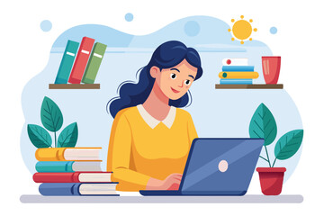 Poster - A woman is focused on her laptop while studying books in a bright and comfortable setting, Woman studying learning book using laptop