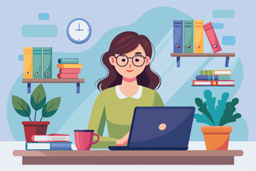 Poster - a woman focuses on her studies in front of a laptop, surrounded by books and plants in a bright room