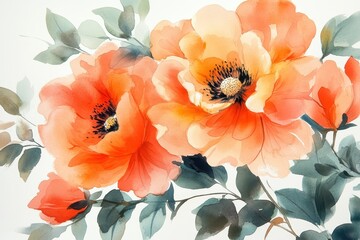 Poster - Bright orange flowers with green leaves create a stunning floral arrangement against a white background