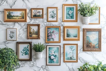 Poster - Gallery of framed art with botanical and landscape themes adorning a marble wall in a bright, modern interior space