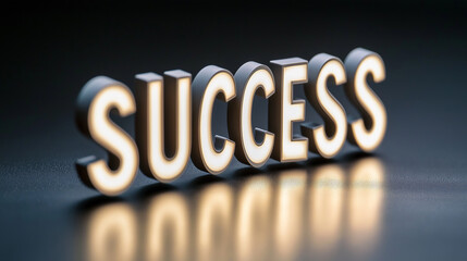 Poster - Illuminated success sign reflecting on dark surface symbolizing achievement