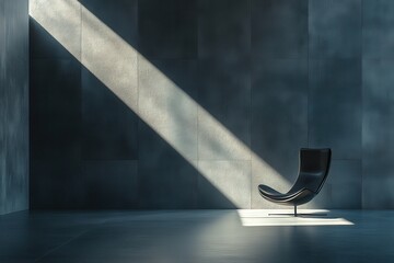 Fototapete - Modern black chair in a minimalist room with dramatic light streaming through a window, creating a striking ambiance in the space