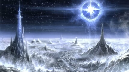 starry celestial landscape with high structures in cold, white and blue tones