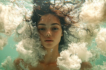 Aufkleber - Girl floating weightlessly in water-filled glass tank, her hair swirling around her like ink clouds, evoking surreal underwater world. Concept of liquid dreams.