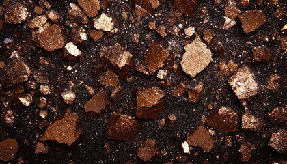 Fototapete - Reflective brown gemstones and shimmering particles create a unique visual display on a dark surface, showcasing natural beauty in an artistic arrangement