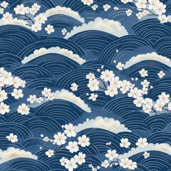 Poster - Traditional Japanese wave pattern with cherry blossoms in soft indigo shades for elegant decor Generative AI
