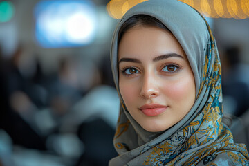 Poster - businesswoman in hijab giving presentation in high-tech conference room, competence evident in every
