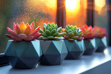 Poster - a row of succulent plants in geometric pots on a windowsill. concept of urban gardening and home dec