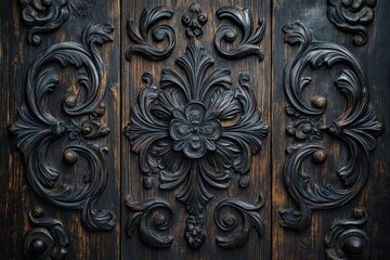 Poster - Intricate wooden carving featuring floral design set against a dark background in a rustic environment