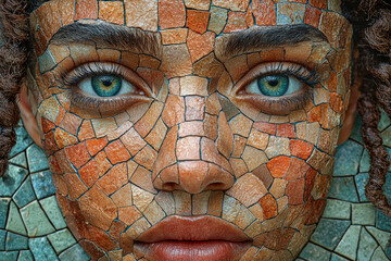 Fototapete - A mosaic of diverse faces blended into a single portrait. Concept of multicultural unity and social integration.