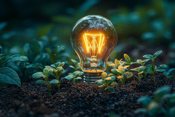 Aufkleber - A glowing light bulb filled with tiny thriving plants and soil. Concept of eco-friendly ideas and sustainable innovation.