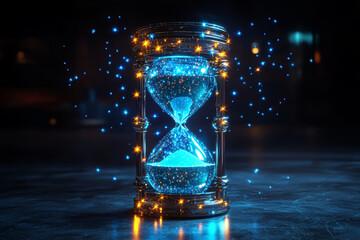 Poster - A glowing hourglass with sand transforming into falling stars. Concept of time perception and cosmic infinity.